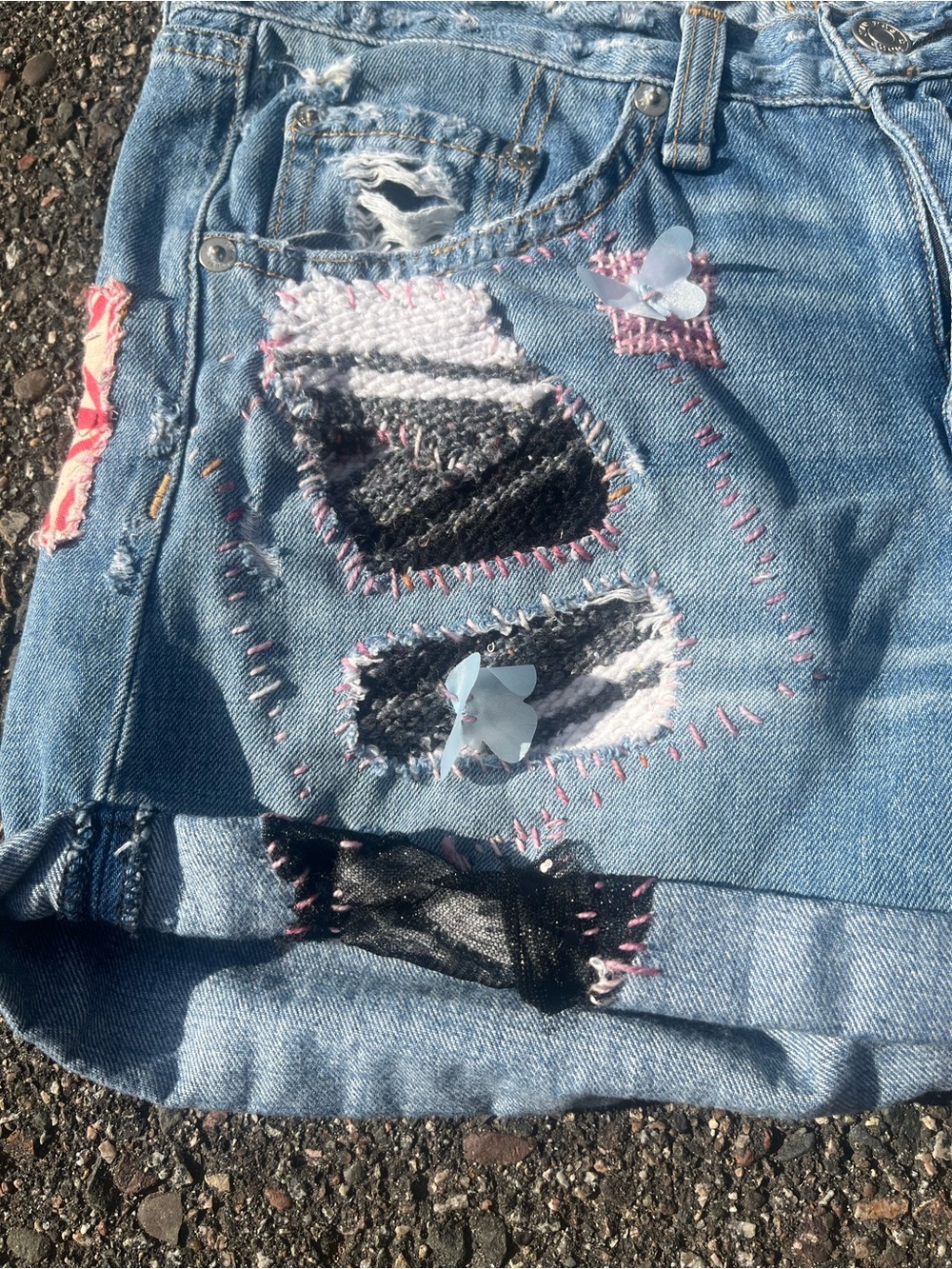 OOAK reworked Distressed Light Blue Denim Women's Shorts with Patchwork - Picture 2 of 7